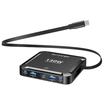 [GaN Tech] Blitzwolf® BW-S32 130W 5 in 1 USB PD Digital Display Charger with Retractable Cable Fast Charging Desktop Charging Station for iPhone 17 16 16 Pro 15 14 13 Pro Max for MacBook Pro for Airpods for Apple Watch