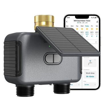 2 Zone WiFi Water Timer Smart Irrigation Timer Water Valve Controller Solar Powered Smart Life App 2000mAh Battery USB-C Charging 0.05-0.8MPa Water Pressure Auto Watering Timer