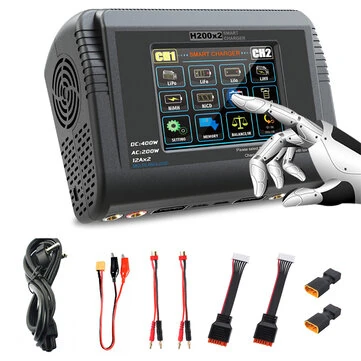 HTRC H200x2 Dual Channel Smart Charger AC 200W DC 400W 3.2 inch Color Touch Screen Balance Fast Charging for 1-6S LiPO LiHV LiFe Lilo 1-15S NiMH NiCd Battery