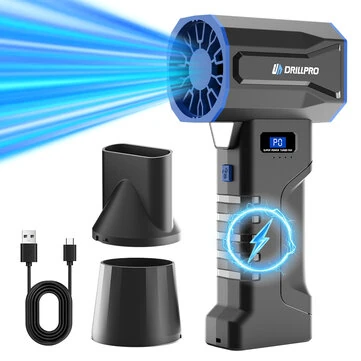 Drillpro V8 Turbo Fan 60,000 RPM 53mm Brushless Motor 1200grams Wind Pressure Adjustable High Power Cordless Blower Portable Air Duster for PC Car Leaf Cleaning