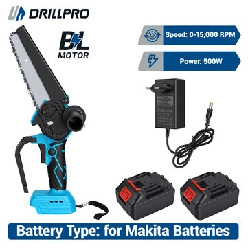 Drillpro 18V 6 Inch Electric Chainsaw Brushless Motor 500W 15,000RPM 6m/s Cutting Speed Compatible with Makita Battery Powered Chainsaw Lightweight Portable Cordless Chainsaw for Tree Trimming and Wood Cutting