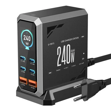 [GaN Tech] Blitzwolf® BW-S31 240W 6-Port USB PD Charger 4USB-C+2USB-A QC PD Digital Display Fast Charging Desktop Charging Station for iPhone 16 16 Pro 15 14 13 Pro Max for MacBook Pro for Airpods for Apple Watch