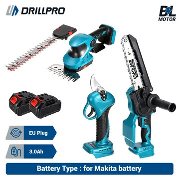 Drillpro Brushless Motor Gardening Tool Set: Chainsaw Hedge Trimmer Pruning Shears 3-in-1 Set 8 inch Chainsaw 25mm Cutting Adjustable Blades Cutting in Garden with 2 Batteries Also for Makita Batteries