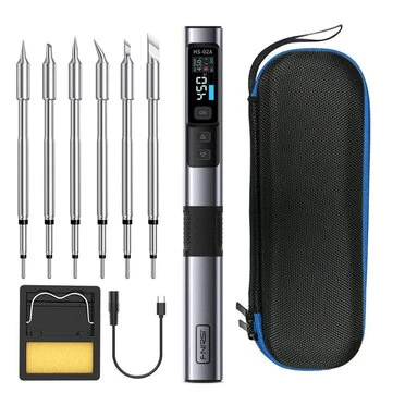 FNIRSI HS-02A Smart Soldering Iron with 6 Tips High-Power 100W Adaptable to Quick Charging PD/QC Protocol Wide Temperature Range 180-842°F Featuring Adaptive Power Efficiency 0.96 IPS HD Color Screen