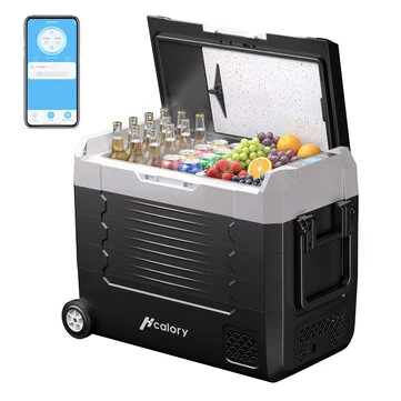 Hcalory D35M+ / D45M+ / D55M+ Dual Zone Car Refrigerator with Wheels 35/45/55L Compressor Fridge Freezer 12V 24V 220-240V Portable Cooler for Car Truck Boat Camping Travel