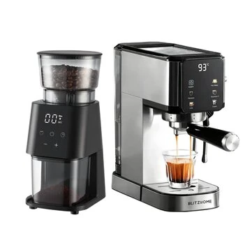 [EU Direct] BlitzHome® CM5105 Espresso Coffee Machine & Novulife BG710T Coffee Grinder Set 20Bar Pressure Touch Screen 30 Grind Settings Home Barista Combo