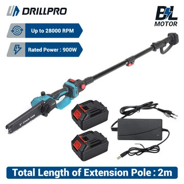 Drillpro 21V Electric Chainsaw with 2m Extension Pole 4-section Connected 900W Brushless Motor 28,000 RPM 8 Inch with 2 Batteries EU Plug Charger Suitable for Makita Batteries
