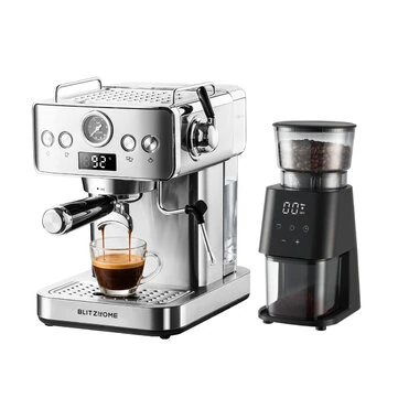 [EU Direct] BlitzHome® CM-601G Espresso Machine & NovuLife BG710T Coffee Grinder Set 20 Bar Espresso Maker with Steam Wand Conical Burr Grinder With 30 Grind Settings