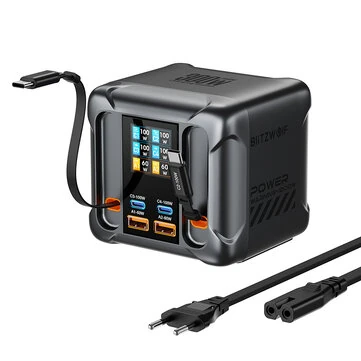 [GaN Tech] Blitzwolf® BW-S35 300W 6 Ports USB PD Digital Display Charger with Retractable Cable 4USB-C+2USB-A QC PD Fast Charging Desktop Charging Station for iPhone 17 16 16 Pro 15 14 13 Pro Max for MacBook Pro for Airpods for Apple Watch