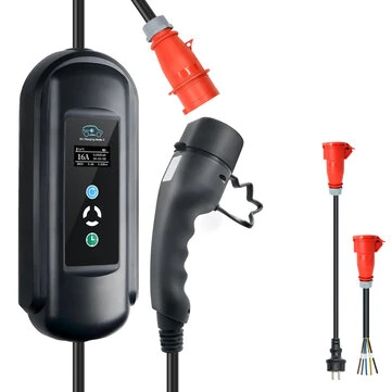 ISIGMA 11KW Portable EV Charger 16A 3 Phase Type 2 EV Charging Cable with 5M Cord Adjustable Current CEE / Schuko Adapters for Electric Vehicles
