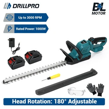 Drillpro Cordless Hedge Trimmer 20 Inch 180 Degree Rotatable Head 1000W Brushless Motor 2 Rechargeable Batteries 3000RPM 2/3 Inch Blade Gap Electric Bush Cutter Lightweight