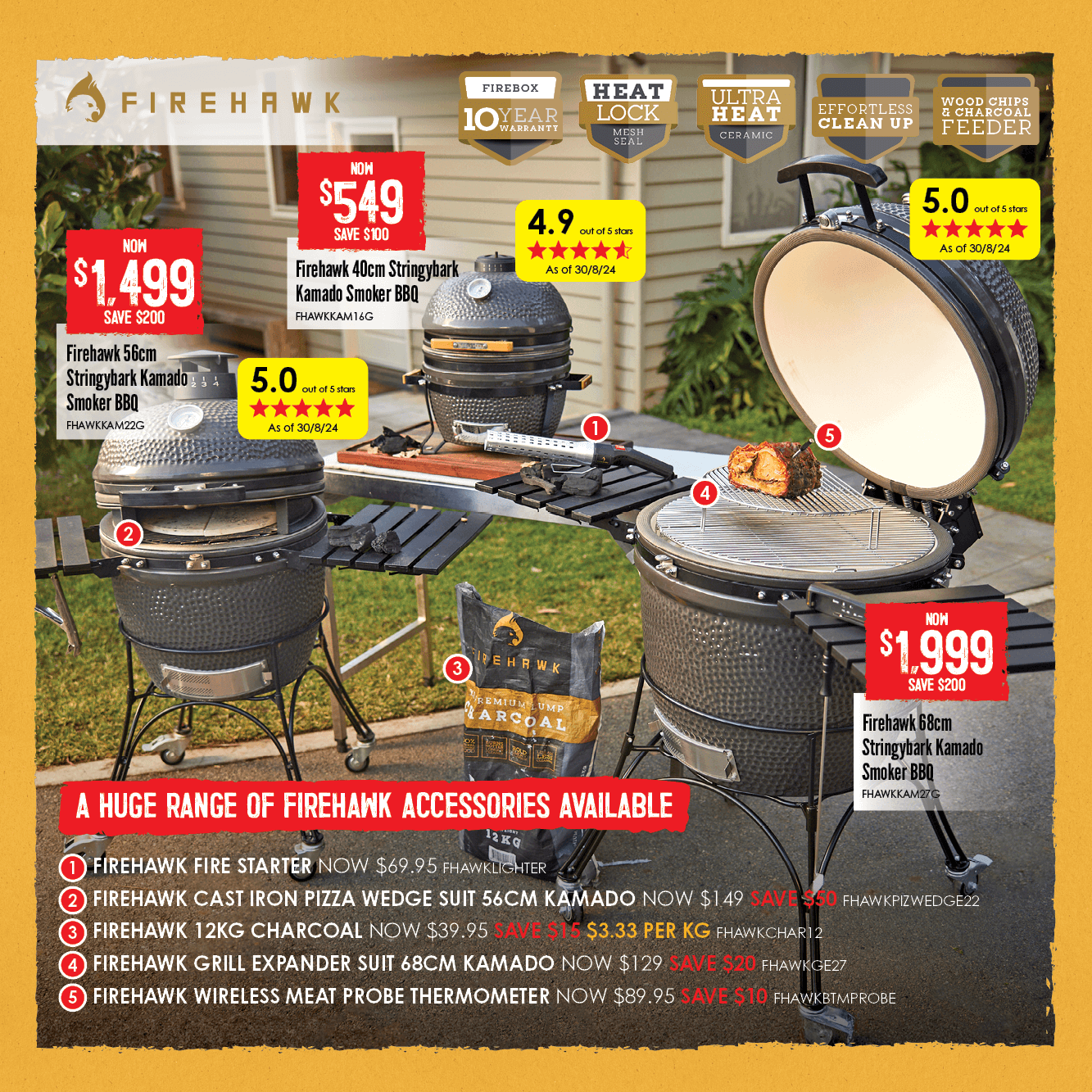 Firehawk Kamado Ceramic Charcoal Grill BBQ & Accessories on Sale