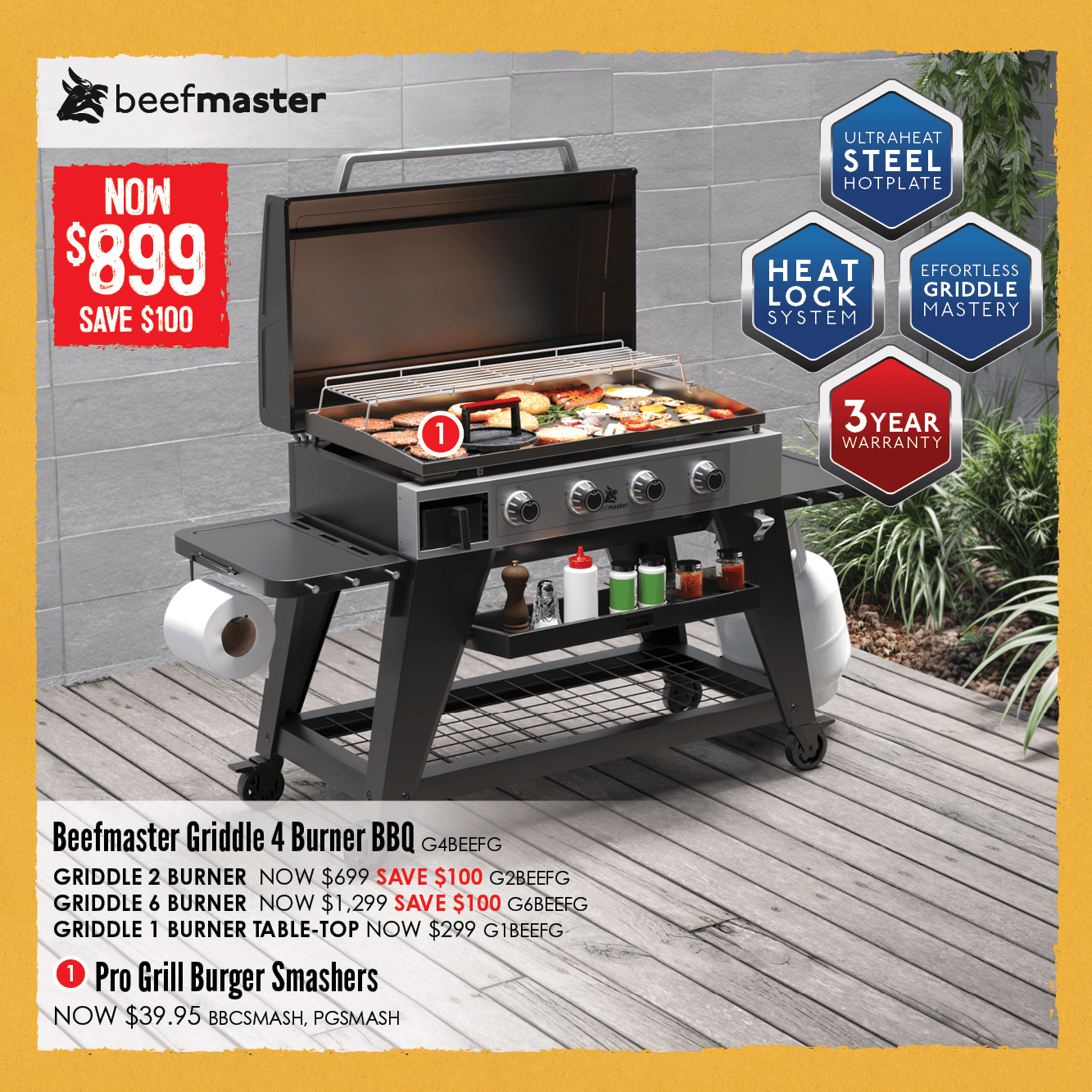 Now $899 Save $100 Beefmaster Griddle 4 Burner BBQ