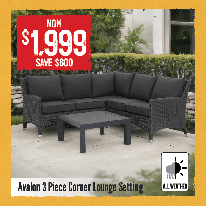 Now $1999 Save $600 Avalon 3 Piece Corner Lounge Setting