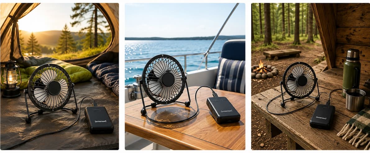 fan and powerbank in use