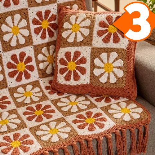 Receita Conjunto Manta e Almofada Flower Power com o Barbante Barroco Maxcolor