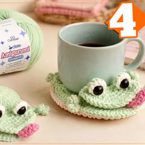Receita Porta-copo Sapinho Esmagadinho de Crochê com Fio Cisne Amigurumi Perfeito