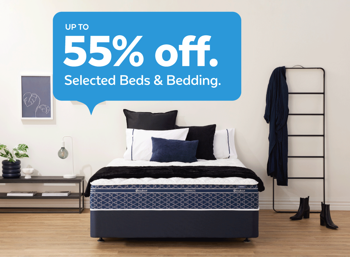 Up to 55% off selected beds and bedding. Essential sleep, sorted.