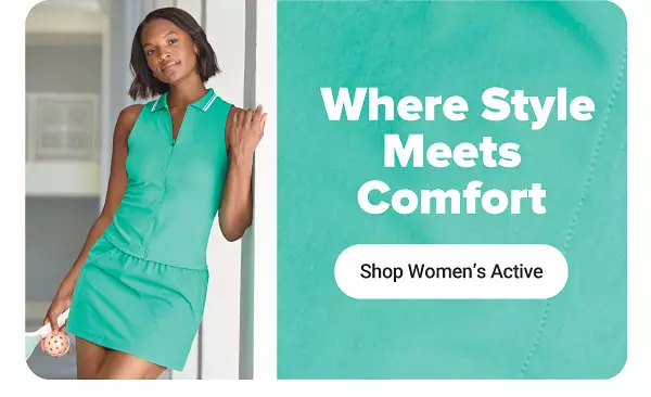 Image of a a woman wearing a teal tennis dress. Where style meets comfort. Shop women's active.