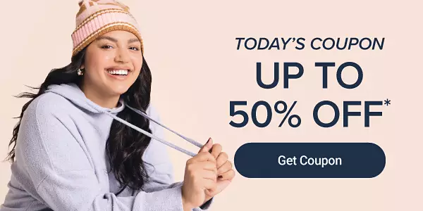 A woman in a sweatshirt. Today's coupon. Up to 50% off. Get coupon.