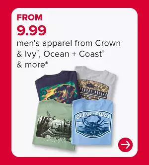 From 9.99 mens apparel from Crown and Ivy, Ocean and Coast and more. Four graphic t-shirts.