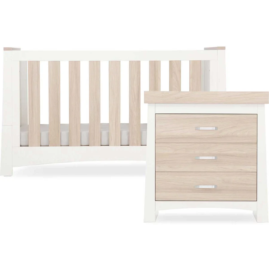 CuddleCo Ada 2 Piece Cot Bed and Dresser  Set - White Ash