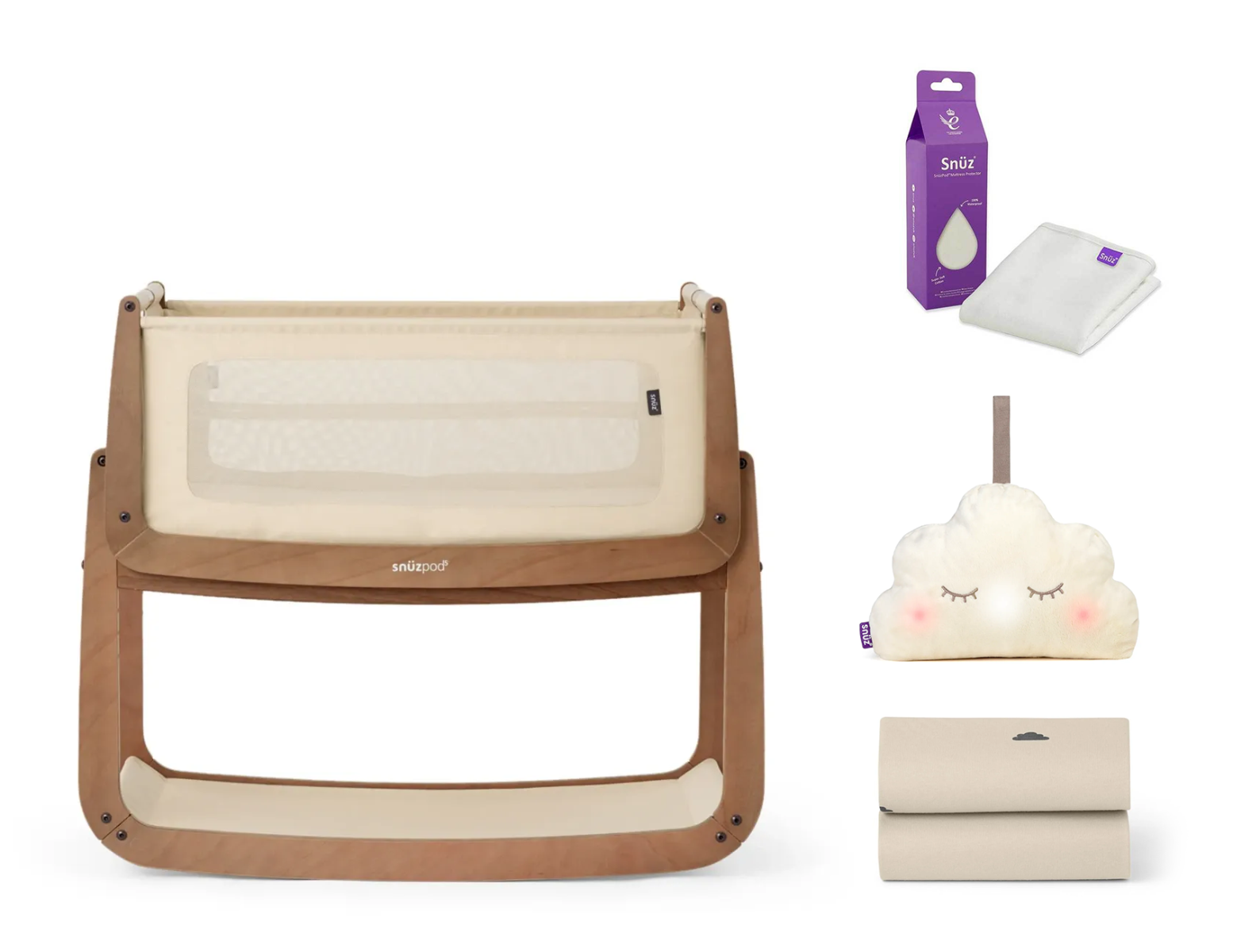 Bella Baby Snuzpod5 Essential Newborn Bundle with SnuzCloud, Mattress Protector & Sheets