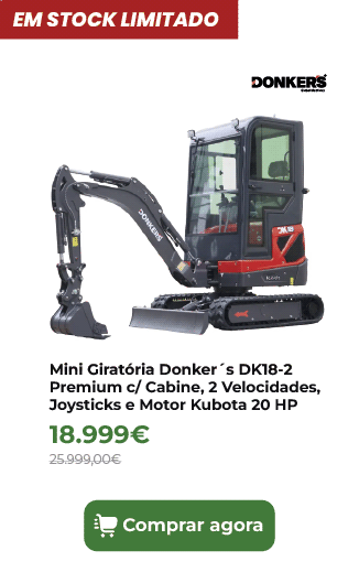 Mini Girat&oacute;ria Donker&acute;s DK18-2 Premium c/ Cabine, 2 Velocidades, Joysticks e Motor Kubota 20 HP