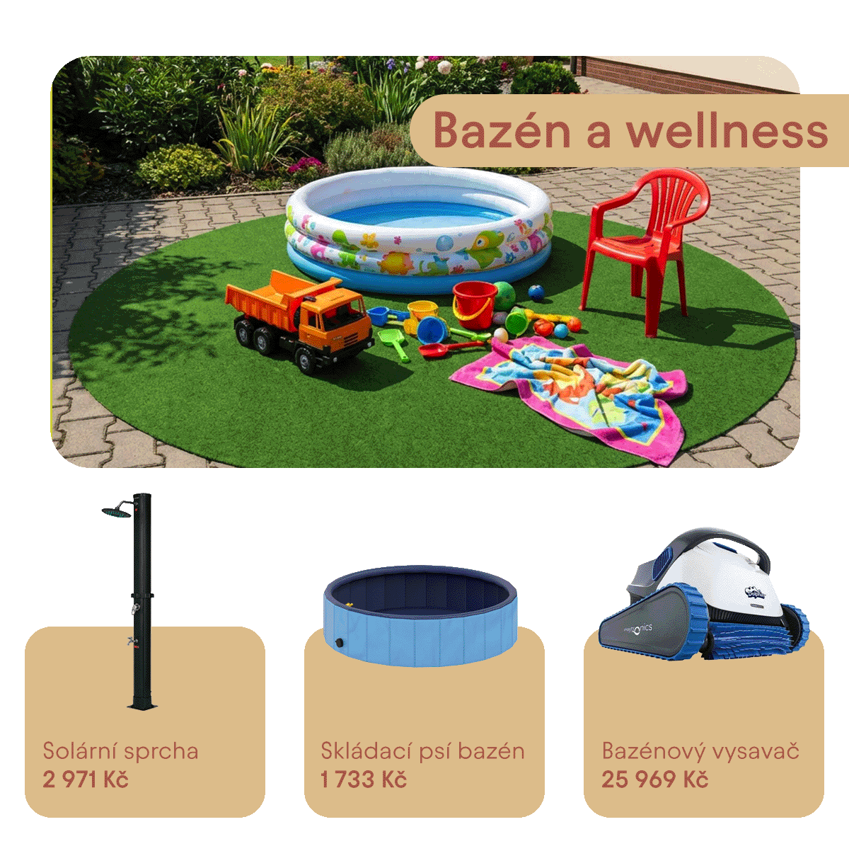 Výběr letního zboží s nápisem „Bazén a wellness“. Na hlavní fotografii je dětský nafukovací bazének na zelené podložce, obklopený hračkami, plastovou židlí a osuškou. Dole jsou zobrazeny produkty: solární sprcha, skládací psí bazén a robotický bazénový vysavač.