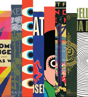 Illustration of a stack of books, each featuring an iconic book covers