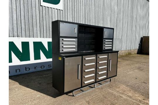 Unused 7' Work Steel Bench, 18 Drawers, 4 Cabinet