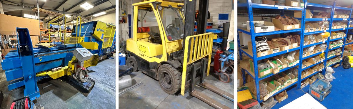 Presona LP100 CH2 & LP50 EH1 Balers, Presona Spares Stock, Factory & Workshop Equipment, Forklift, Office Furniture etc