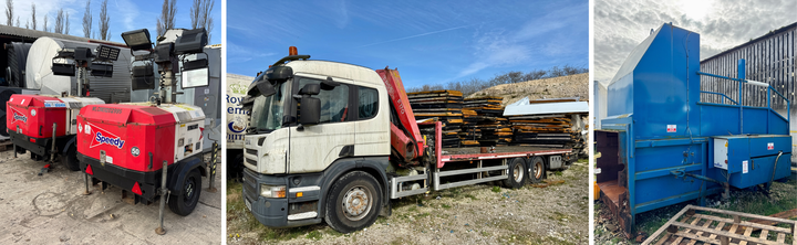 Modern Classic and Salvage Cars, Scania P130 Fassi Crane Truck, Lighting Towers, Compactor, Iveco Horse Box and More