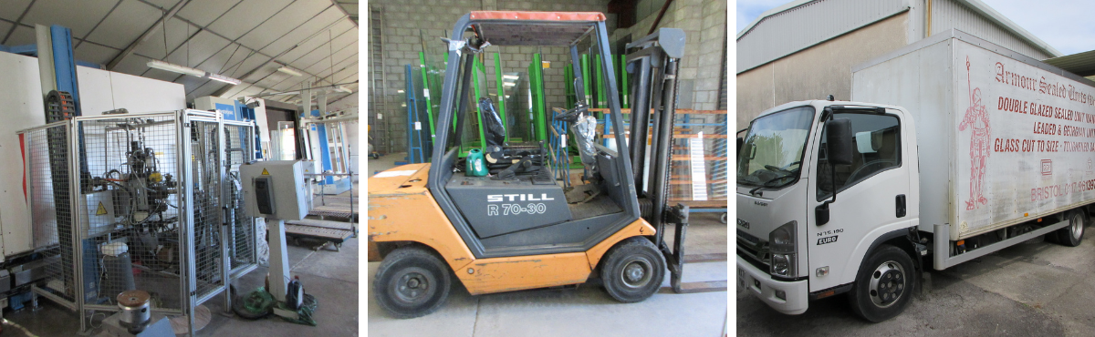 Sealed Glass Manufacturing and Factory Equipment, Forklift, Gantry Crane, Vehicles, etc