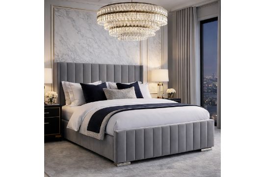 LUXURY 5FT KING SIZED GREY PLUSH VELVET OTTOMAN WINGED…