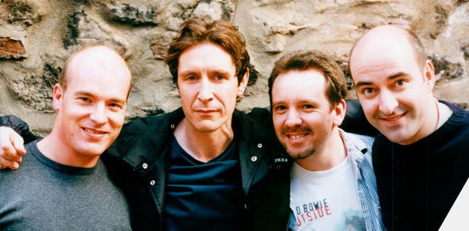 Jason Haigh-Ellery, Paul McGann, Gary Russell and Nicholas Briggs in Bristol in May 2000.
