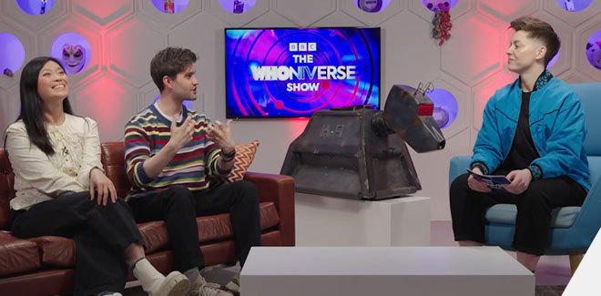 Screencap of The Whoniverse Show with Jasmine, Miles and Christel