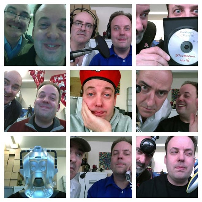 A collage of images of Paul Spragg and Nicholas Briggs fooling around