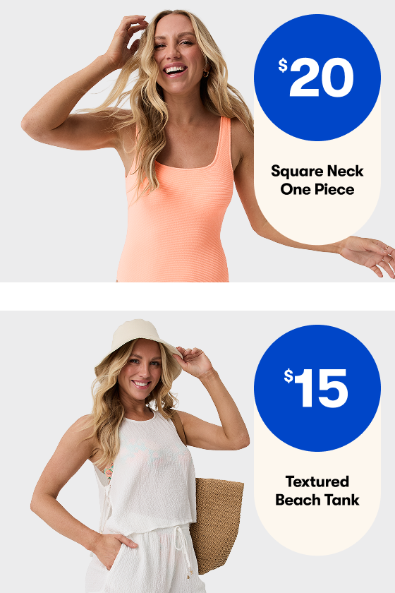 $20 | Square Neck One Piece, $15 | Beach Tank