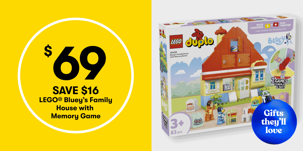 $69 SAVE $16 LEGO Bluey's Family House with Memory Game | $89 SAVE $40 Care Bears Christmas 6-Pack | $12 SAVE $12 Fisher-Price Click & Spin Activity Pup