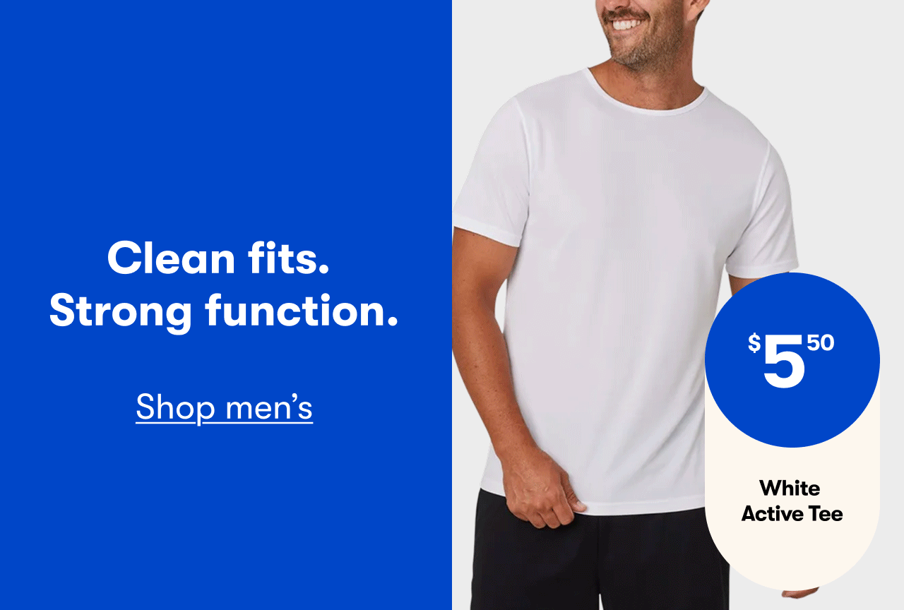 $5.50 White Active Tee | $5.50 Grey Active Shorts | $8 Active Polo Shirt | Clean fits. Strong function. Shop Men's