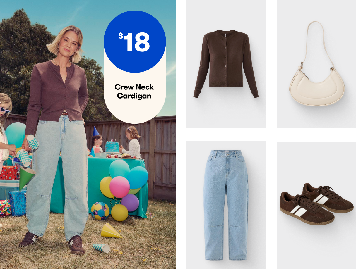 Crew Neck Cardigan $18 | Shoulder Bag $12 Barrel Jeans $30 | Brown Sneakers $25pr