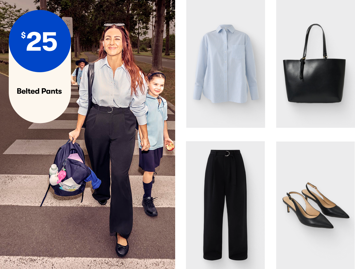 Oxford Shirt $25 | Tote Bag $20 Belted Pants $25 | Slingback Heels $30pr