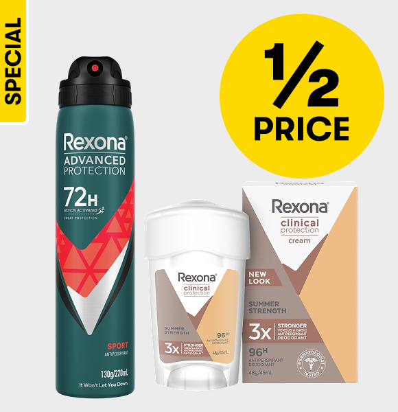 1/2 PRICE Selected Rexona Deodorants
