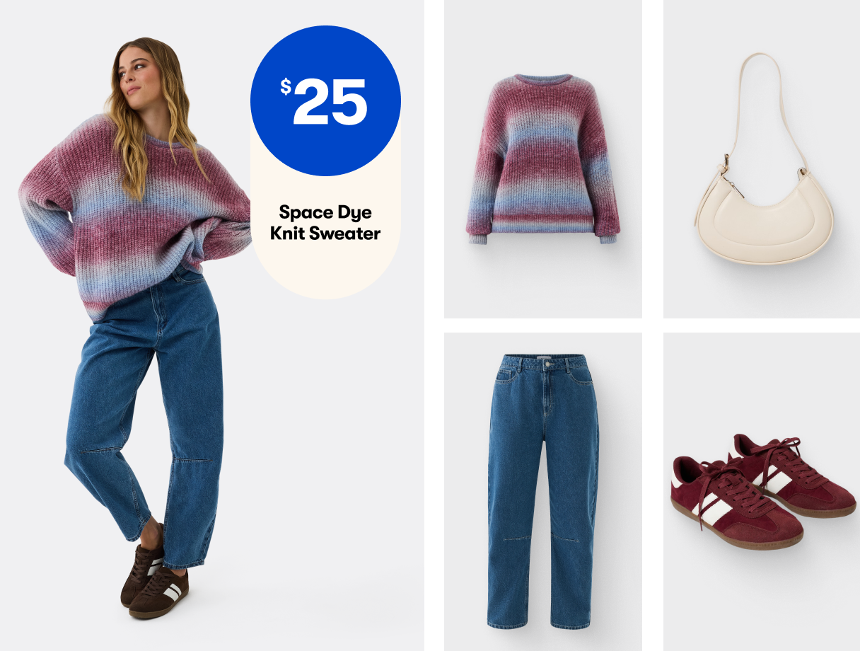 Knit Sweater $25 | Shoulder Bag $12 Barrel Jeans $30 | Gum Outsole Sneakers $25