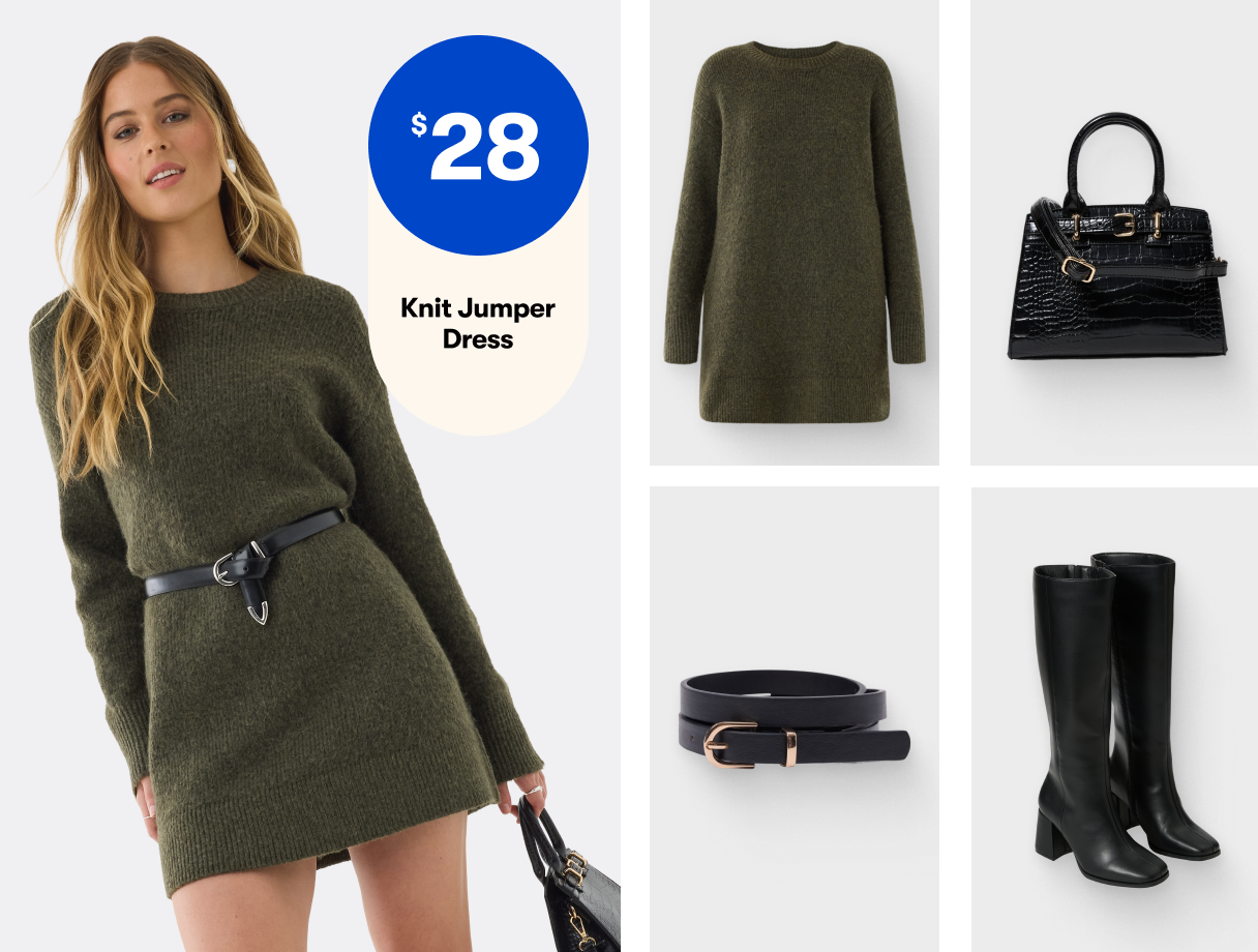 Knit Jumper Dress $28 | Top Handle Bag $15 Thin Basic Belt $3 | Block Heeled Tall Boot $49