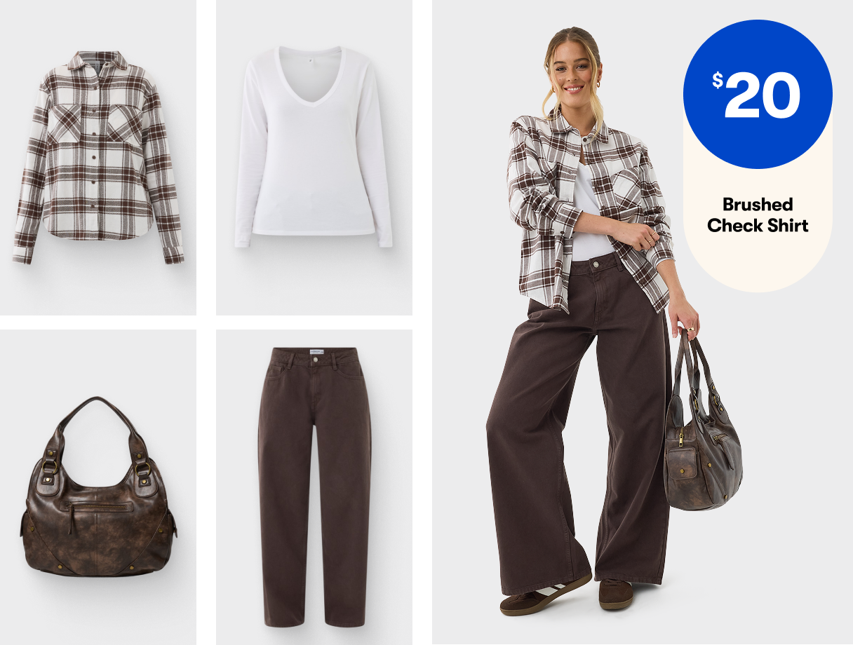 Burshed Check Shirt $20 | Long Sleeve V Neck Tee $8 Wide Leg Loose Jeans $30 | Shoulder Bag $25