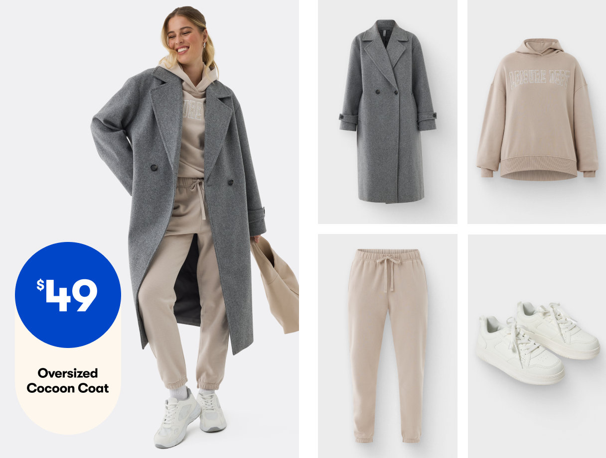 Melton Coat $49 | Printed Hoodie $20 Pocket Trackies $14 | Platform Sneakers $25pr