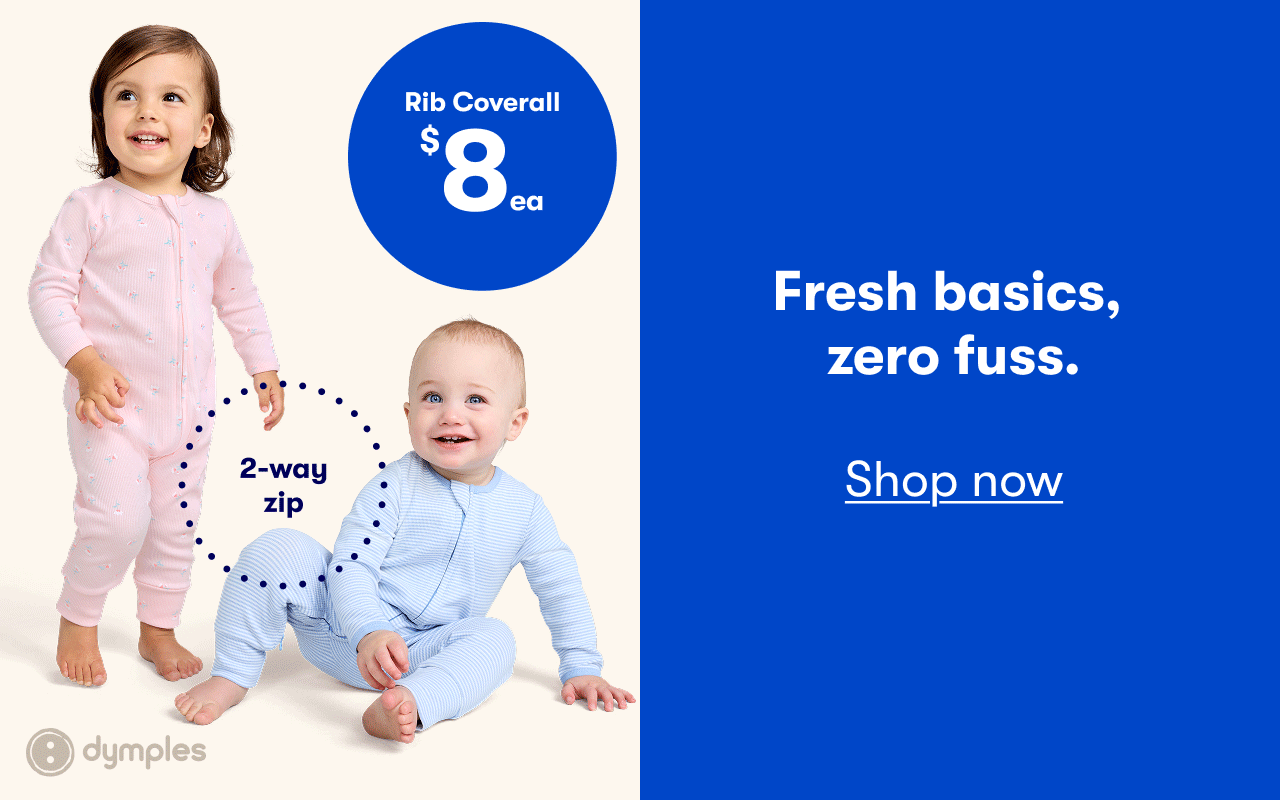 Fresh basics, zero fuss. Shop now | $8ea Rib Coverall | $5ea Cuff Socks 4-pack