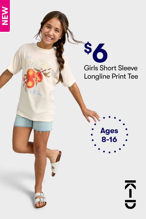 $6 Girls Short Sleeve Longline Print Tee